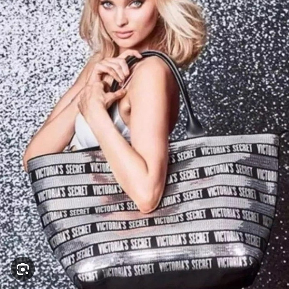 Victoria's Secret Black and Silver Sequin Stripe Tote